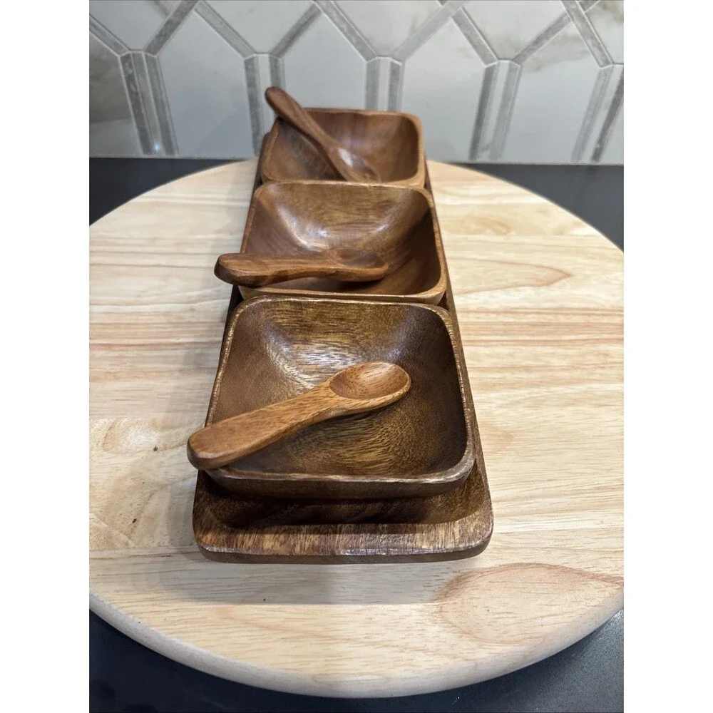 Monkey Pod Wood Set 3 Square Snack Dipping Bowls with Spoons and Tray Vtg MCM
